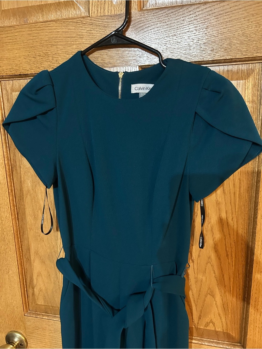 Calvin Klein Teal Short-Sleeve Midi Dress with Waist Tie